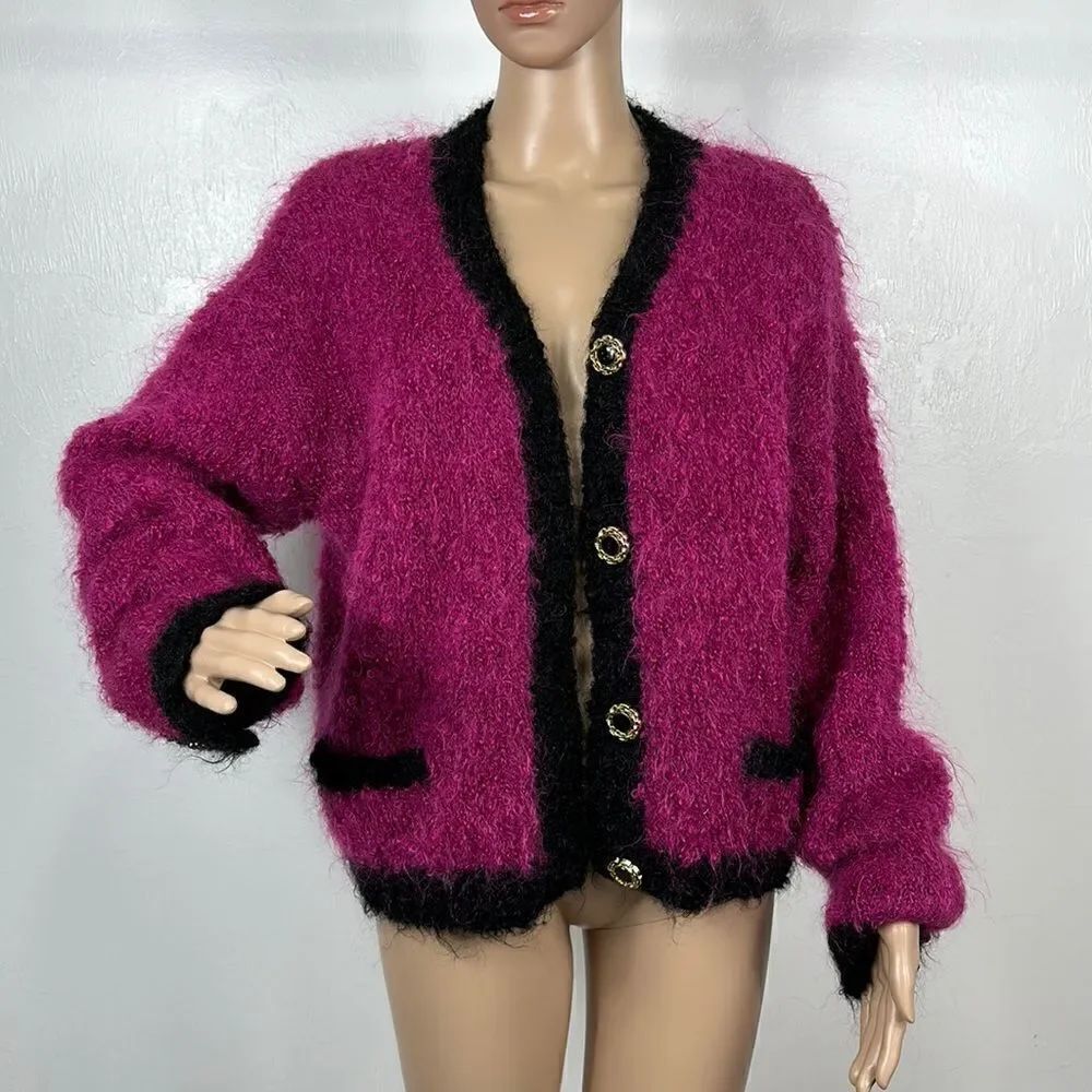 Fenn Wright & Manson Mohair Blend Fuchsia And Black Open Front Cardigan Size S
